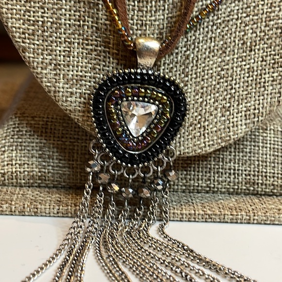 Boho Style Suede Cord & Beaded Necklace Beaded & Chain Embellished Pendant - Picture 4 of 13